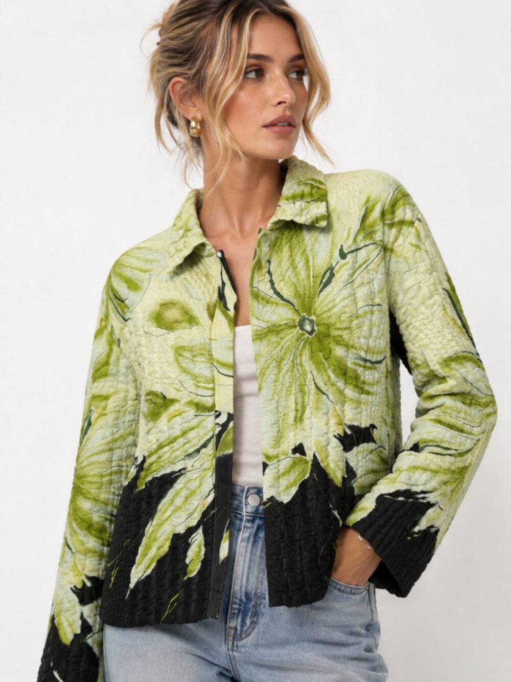 Vintage 90s Chartreuse Floral Quilted Art to Wear Jacket Size Medium